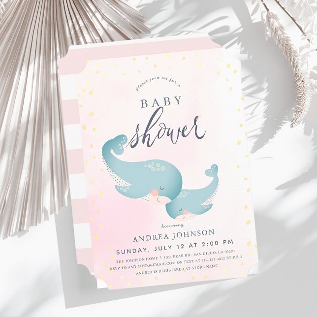 Invitation Baleines Aquarelle rose Baby shower fille (Créateur téléchargé)