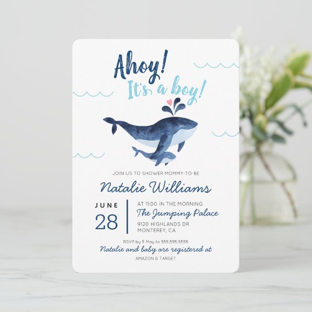 Invitation Baleines nautiques sous le Baby shower marin (Debout devant)