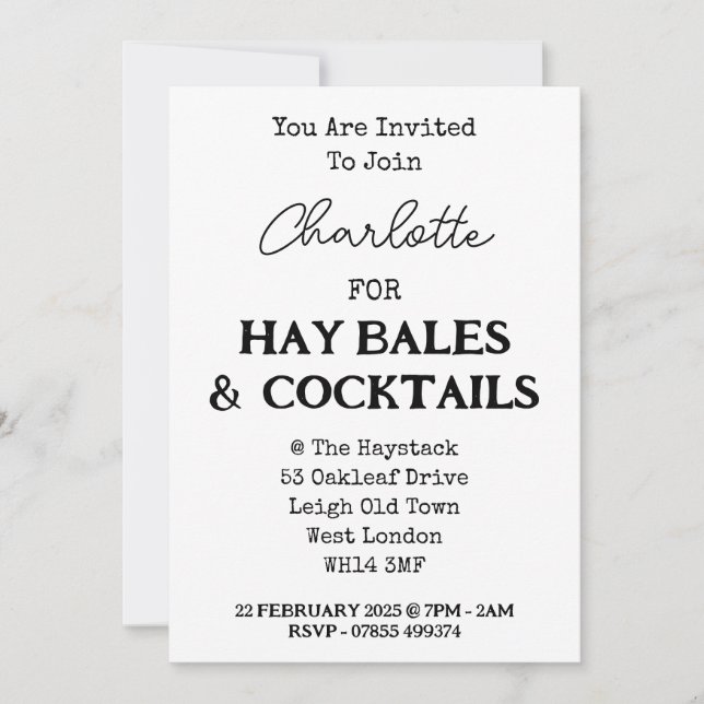 Invitation Bales De Hay Et Cocktails Élégante Fête De Bachelo (Devant)