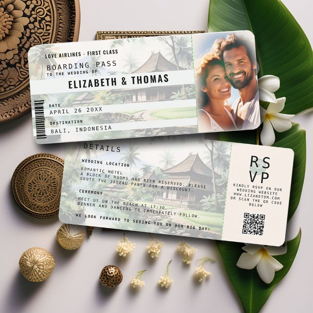 Invitation Bali Destination Boarding Pass Mariage photo vert (photo boarding pass destination wedding invitation rsvp qr code bali indonesia watercolor elegant)