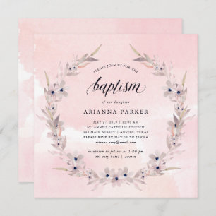 Invitation Balises d'aquarelle Baptême floral rose pâle