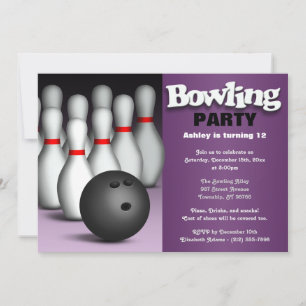 Invitation Ball & Pins Purple Bowling Anniversaire