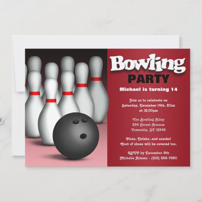 Invitation Ball & Pins Red Bowling Anniversaire Fête Invitati (Devant)