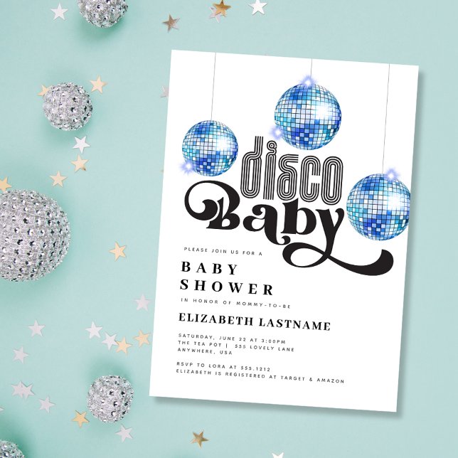 Invitation Balle de disco bleue Baby Shower Rétro Disco (Créateur téléchargé)