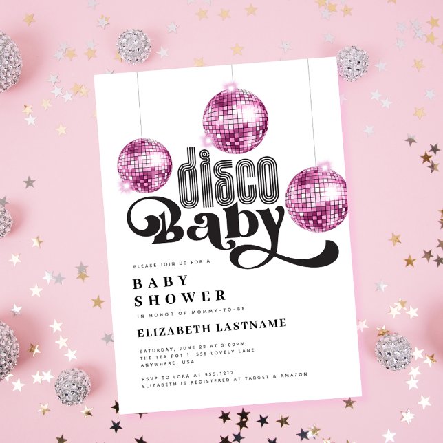 Invitation Balle de disco rose Fête prénatale rétro disco Béb (Créateur téléchargé)