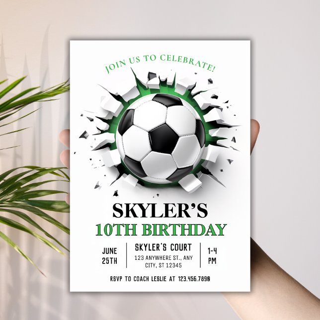 Invitation Balle de football percée 10e fête d'anniversaire (Soccer Ball Breakthrough 10th Birthday Party Invitation
)