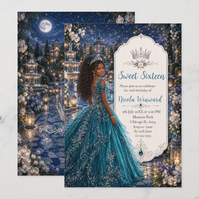 Invitation Balle de princesse Sweet 16 bleu sarcelle (Devant / Derrière)