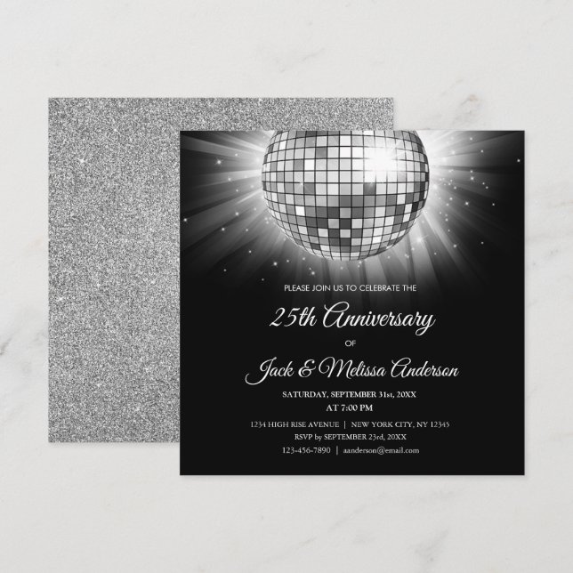Invitation Balle disco argentée pour fête de 25e anniversaire (Devant / Derrière)