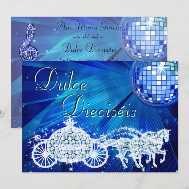 Invitation Balle disco bleu, Princesse Coach & Chevaux Sweet  (Devant / Derrière)
