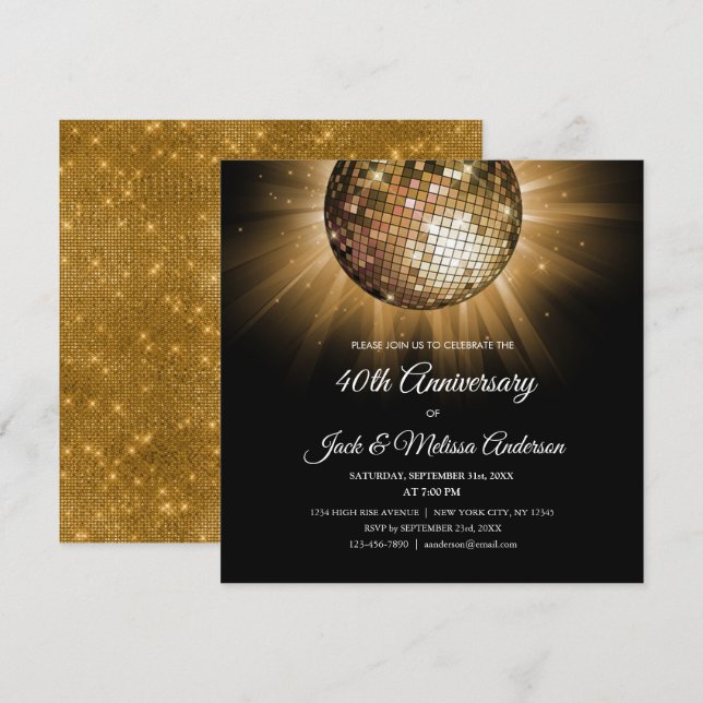 Invitation Balle disco dorée pour fête des 40 ans de mariage (Devant / Derrière)
