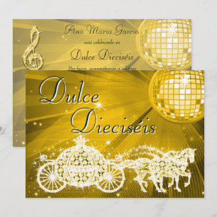 Invitation Balle disco dorée, voiture de princesse & chevaux 