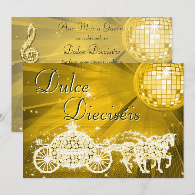 Invitation Balle disco dorée, voiture de princesse & chevaux  (Devant / Derrière)