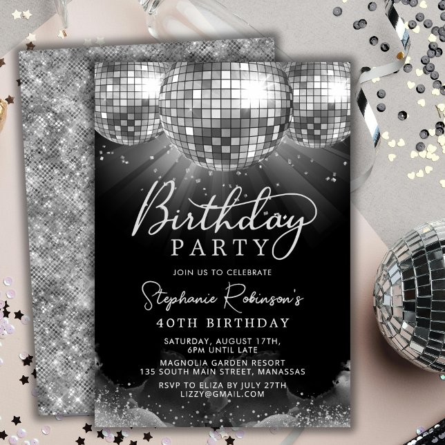 Invitation Balle Disco moderne Argent Boule 40ème anniversair (Créateur téléchargé)