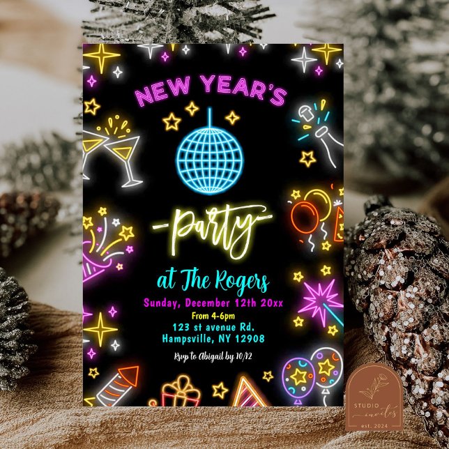 Invitation Balle Disco Néon pour la fête du Nouvel An (Créateur téléchargé)