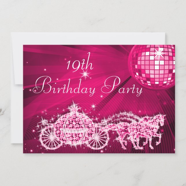 Invitation Balle Disco, Princesse Coach & Chevaux 19ème Anniv (Devant)