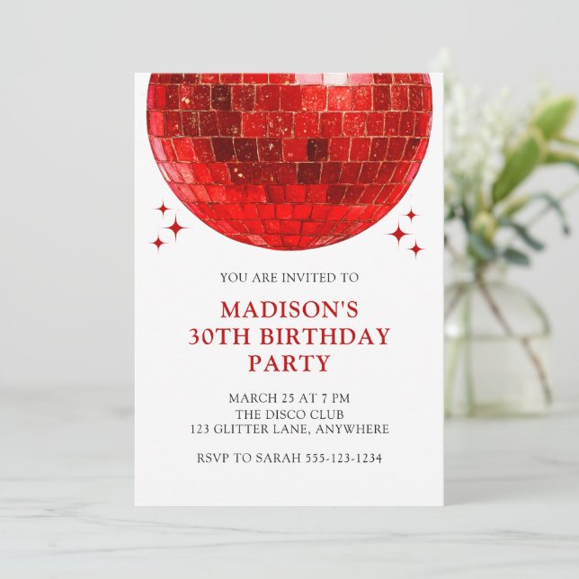 Invitation Balle Disco Rouge 30e Anniversaire Fête Disco (Debout devant)