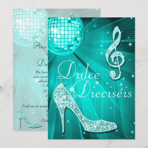 Invitation Balle disco sarcelle espagnole et talons à paillet
