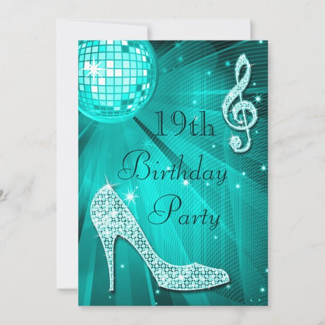 Invitation Balle disco sarcelle et talons scintillants 19e an (Devant)
