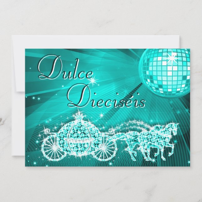 Invitation Balle disco sarcelle, Princesse Coach & Chevaux Sw (Devant)