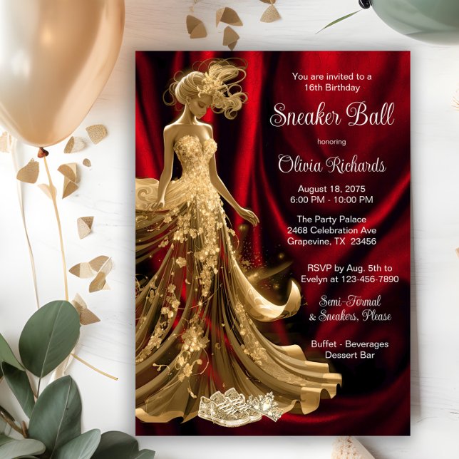 Invitation Balle élégante de baskets en or rouge  (Elegant red gold sneaker ball invitation. All text, font and wording can be changed.)