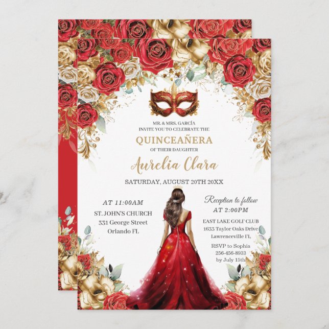 Invitation Balle en or rouge Quinceañera Roses Floral Masquer (Devant / Derrière)