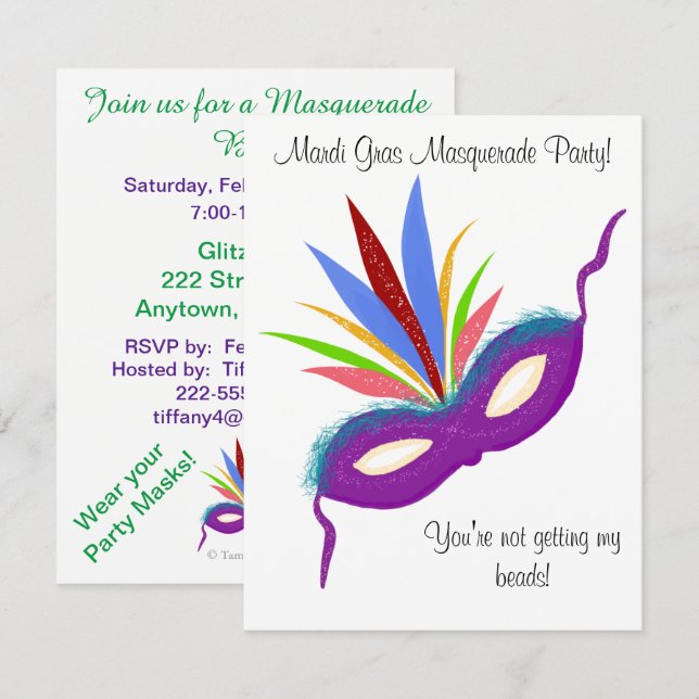 Invitation Balle Mascarade Mardi Gras violet (Devant / Derrière)