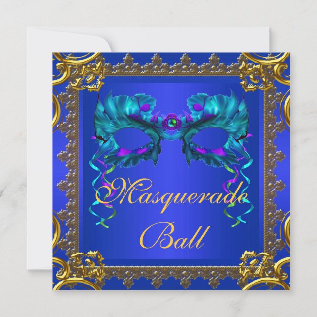 Invitation Balle masquée bleu cobalt Bleu marine Or (Devant)