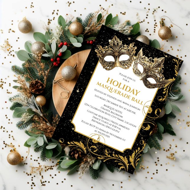Invitation Balle Masquerade de Noël Or (Enjoy celebrating Christmas and the Holidays by inviting your guests for a holiday masquerade ball.)