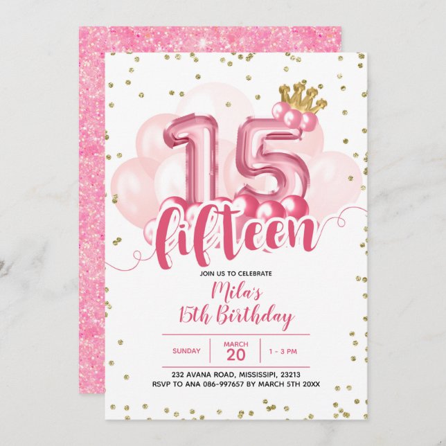 Invitation Balle rose de la Couronne Quinze Anniversaire Invi (Devant / Derrière)