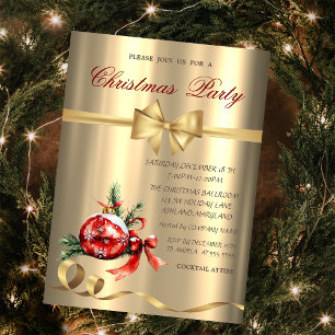 Invitation Balle rouge, ruban, Fête de Noël en or