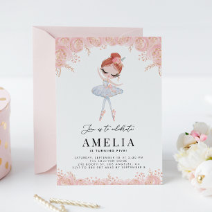 Invitation Ballerina à tête rouge en robe blanche Fleur Anniv