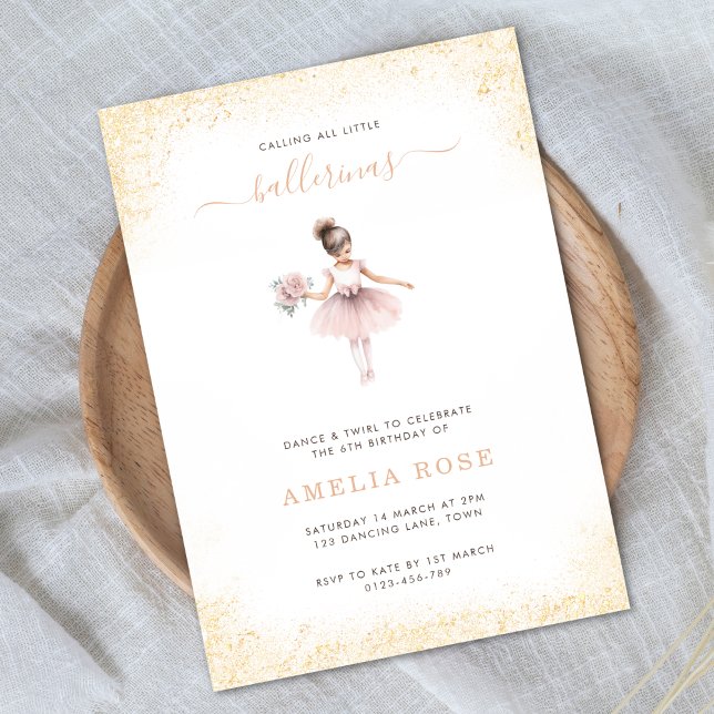 Invitation Ballerina Anniversaire Soirée Rose Gold Girl Flora (Créateur téléchargé)