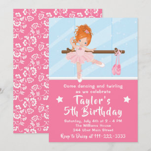 Invitation Ballerina aux cheveux rouges en Tutu rose Annivers