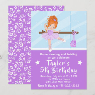 Invitation Ballerina aux cheveux rouges en tutu violet Invitd
