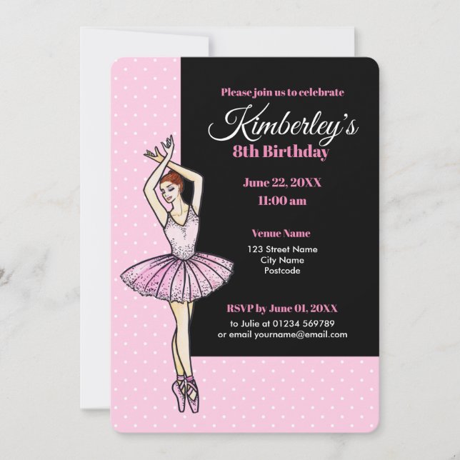 Invitation Ballerina avec robe rose et chaussures de pointe (Devant)
