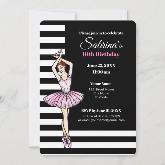Invitation Ballerina avec Robe Rose et Chaussures Pointe (Devant)