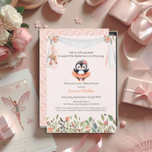 Invitation Ballerina Baby Girl Douche Tutu Elegant Penguin (Créateur téléchargé)