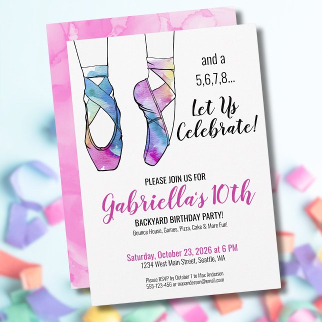 Invitation Ballerina Ballet fête d'anniversaire (Ballerina Watercolor Ballet Girls 10th Birthday Invitation)
