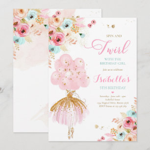 Invitation Ballerina Birthday Pink Mint & Gold Floral Ballet