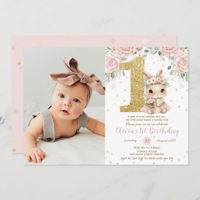 Invitation Ballerina Bunny Rabbit Blush 1st Birthday Photo (Devant / Derrière)