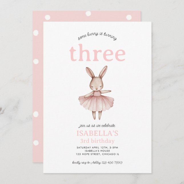 Invitation Ballerina Bunny rose lapin mignonne fille 3e anniv (Devant / Derrière)