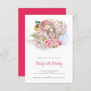 Invitation Ballerina Chat Florals Fille rose 6e fête d'annive