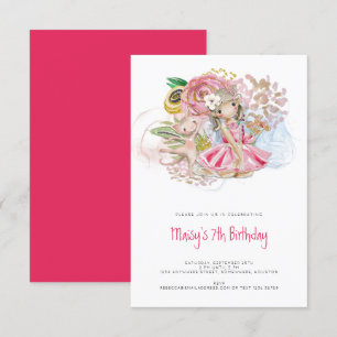 Invitation Ballerina Chat Florals Fille rose 7e fête d'annive