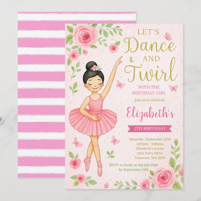 Invitation Ballerina Dance et Twirl Anniversaire (Devant / Derrière)