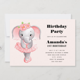 Invitation Ballerina Eléphant Cute Rose & Grey Anniversaire