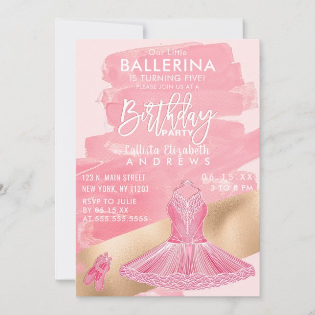 Invitation Ballerina en or rose de filles Brushstrokies Anniv (Devant)