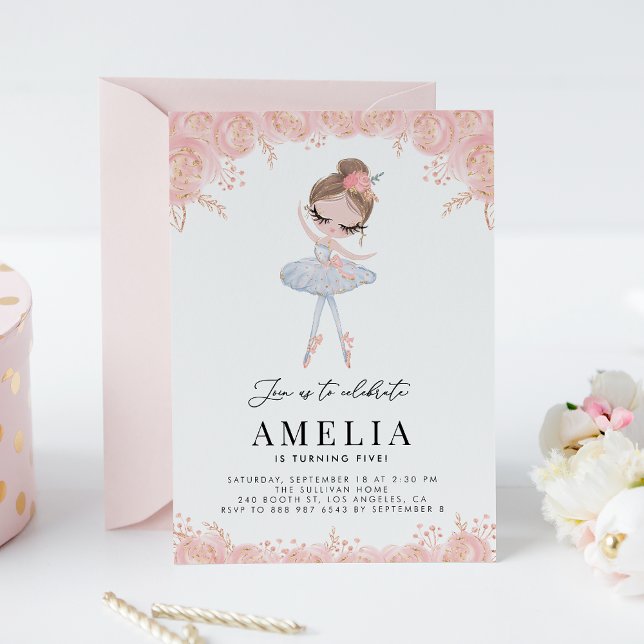 Invitation Ballerina en robe blanche Fleur Anniversaire (Créateur téléchargé)