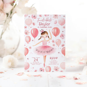 Invitation Ballerina en Robe rose Ballons floraux Anniversair