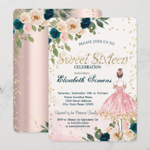 Invitation Ballerina Fleurs Diamants Rose Gold Sweet 16