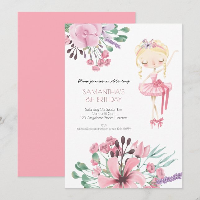 Invitation Ballerina Florals Foliage Girl 8e fête d'anniversa (Devant / Derrière)